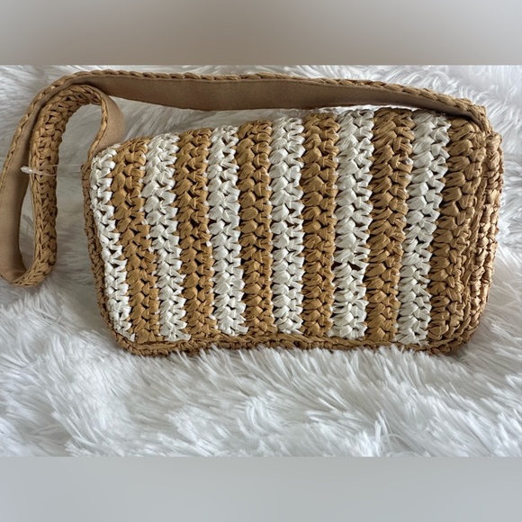 Anthropologie Striped Raffia Shoulder Bag in Tan and White NWT - Picture 4 of 4